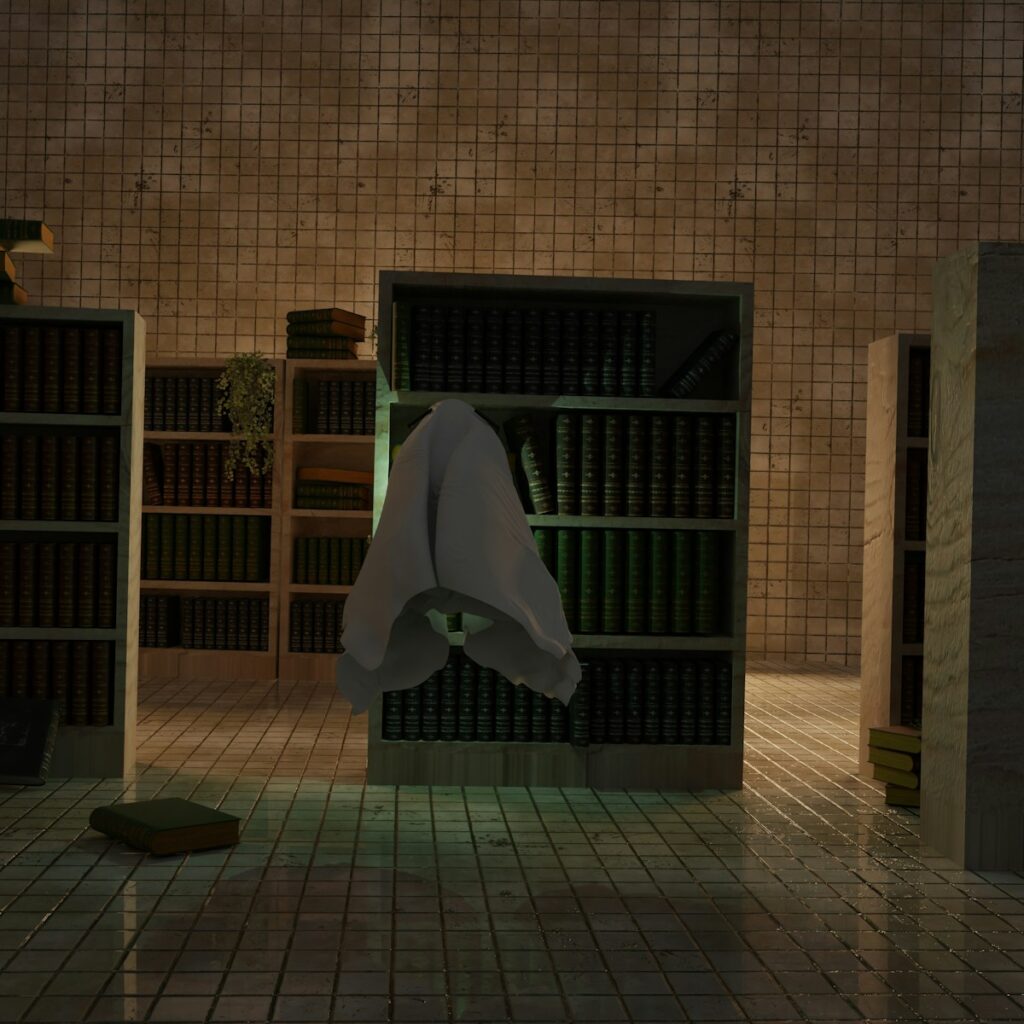 A sheet floats in a spooky library.