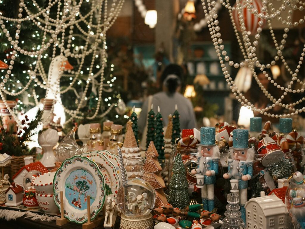 Christmas decorations with nutcrackers and snow globes